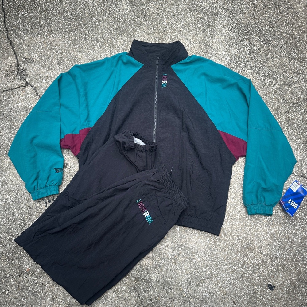 Vintage Reebok Above The Rim Track Suit Mens XL Black Teal Nylon Windbreaker Set